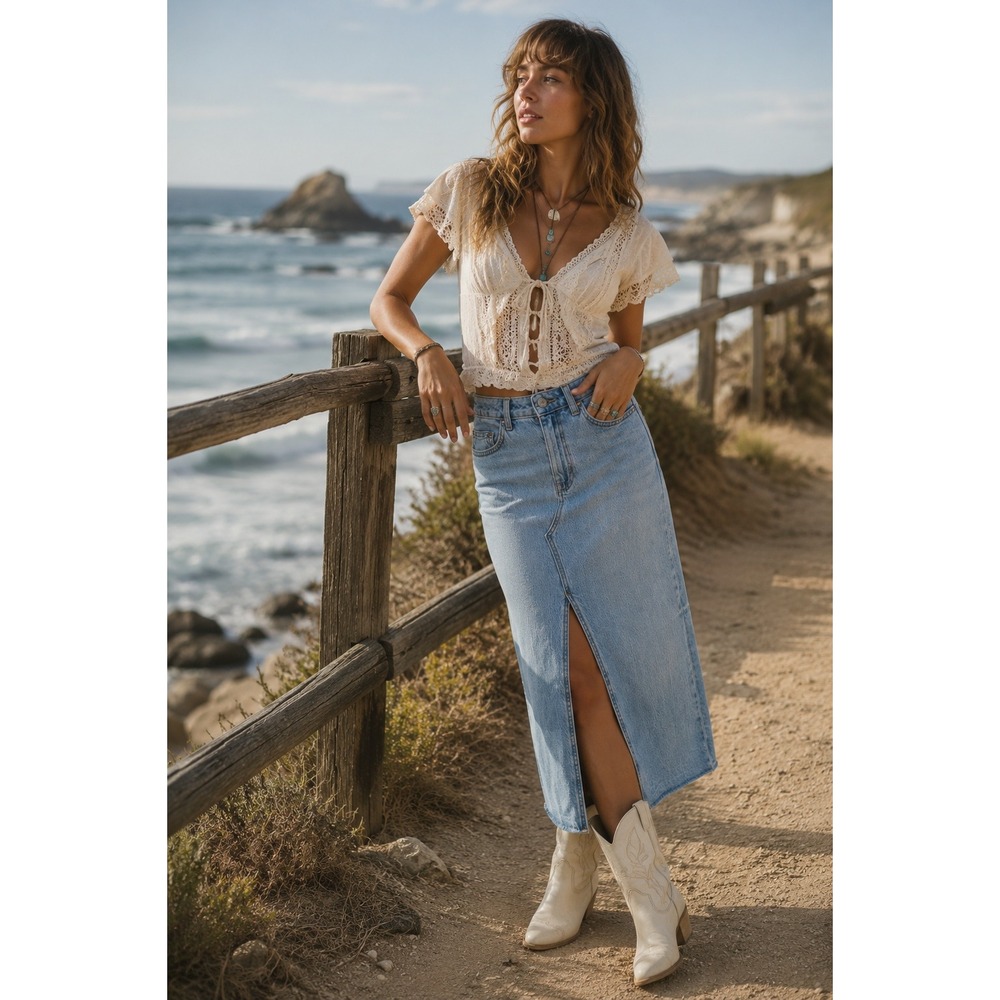 Zara Denim Midi Skirt S Light Wash High Waisted Front Slit Raw Hem Coastal Boho